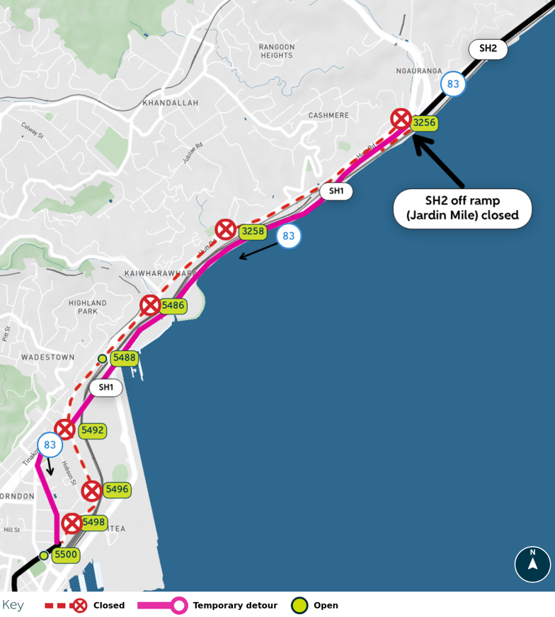 Map shows detour and closed stops.