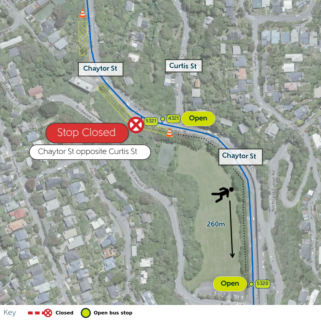 Image shows closed stop, it shows open stops and location of works just north of stop 5321 toward Karori