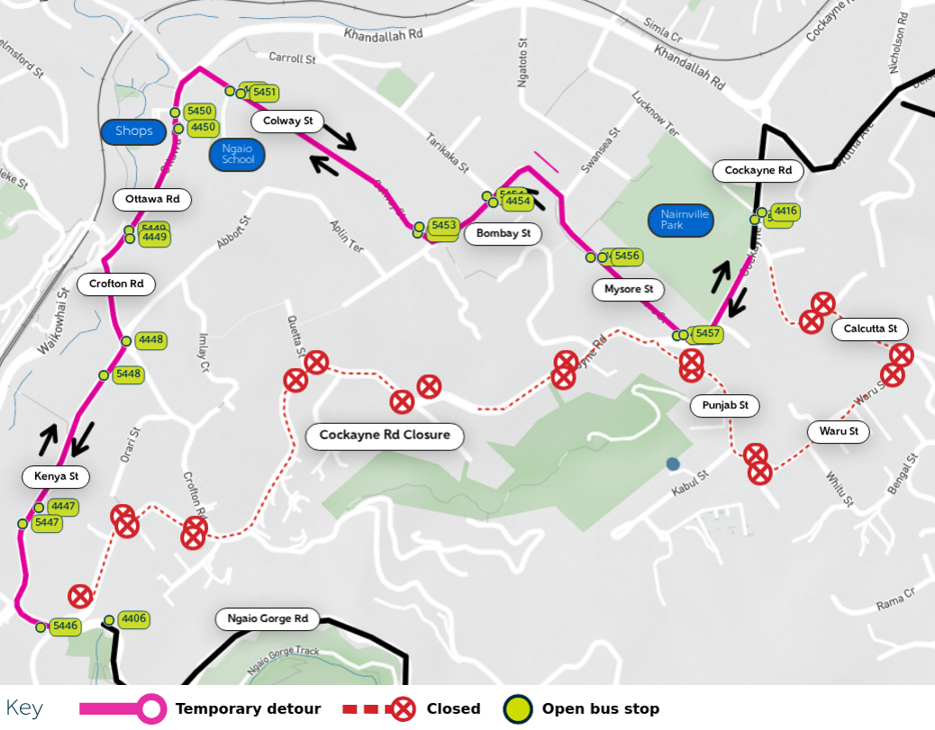 image shows closed, open bus stops and detour route 