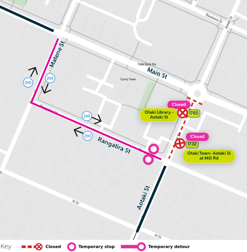 Image shows bus detour via Matene St and Rangatira St to Aotaki St
