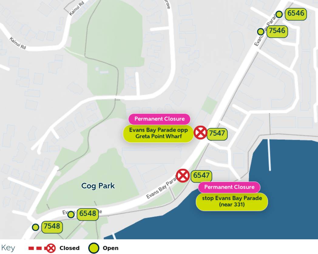 Image shows both stops to be removed, but also shows alternate stops 7548, 6548 located near Cog Park or stops 7546, 6546 located just south of NIWA