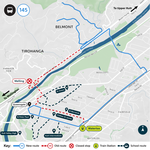 Route 145 detour away from Melling, via Kennedy Good Bridge, and Waterloo