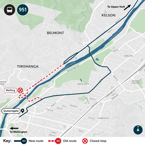 Detour map: Service travels via Queensgate towards the Kennedy Good Bridge