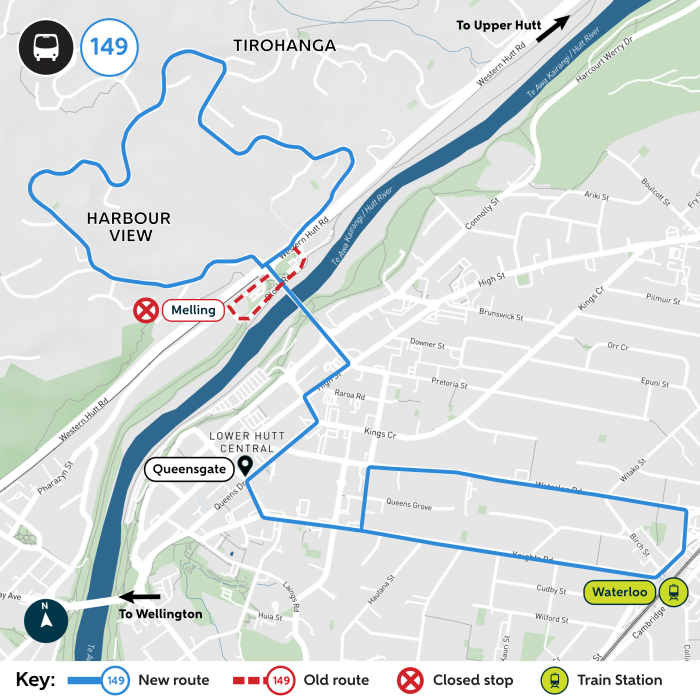Map showing Route 149 detouring away from Melling Station. The service will continue to Queensgate and Waterloo