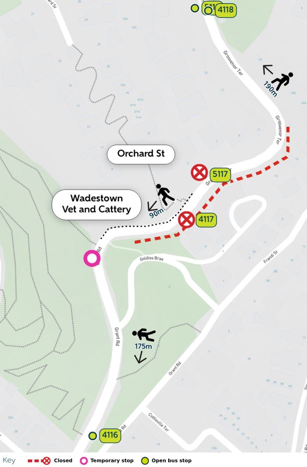 image shows stop 4117 closed and 5117 moved southbound